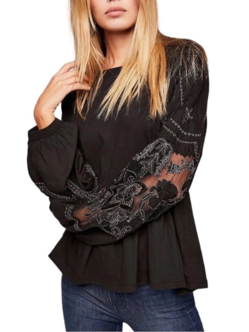 Free people Women’s Black Lace-Sleeve Peplum Top sz L 778